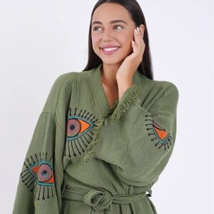 Turkish Cotton Robe Evil Eye Green Robe